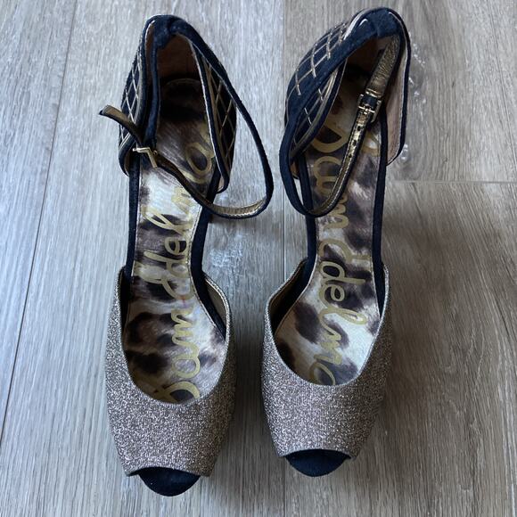 Sam Edelman Stiletto Heel Sz 7 Black Suede Gold Peep Toe Ankle Strap - Picture 4 of 14